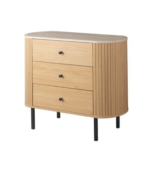 Comodino Fabia 03A 3 cassetti colore rovere e top effetto travertino