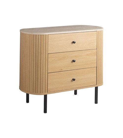Comodino Fabia 03A 3 cassetti colore rovere e top effetto travertino