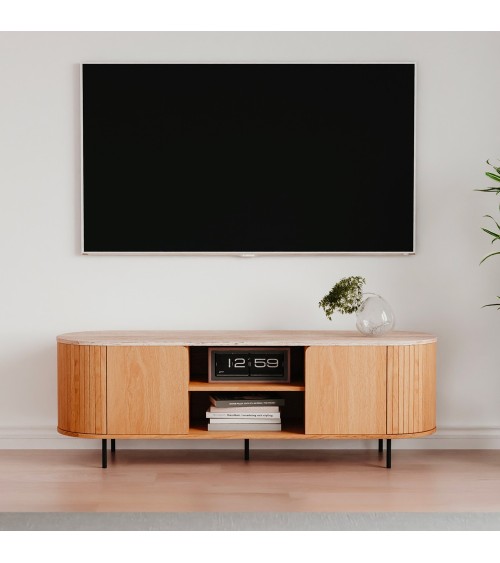 Mobile porta tv Fabia 56A con 2 ante e nicchie a giorno colore rovere e top effetto travertino