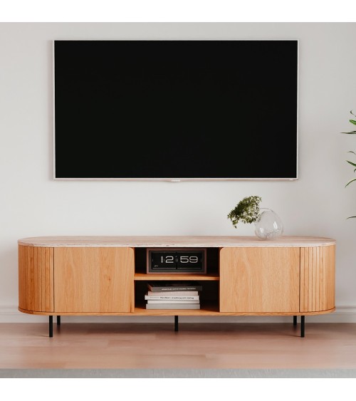 Mobile porta tv Fabia 56B con 2 ante e nicchie a giorno colore rovere e top effetto travertino