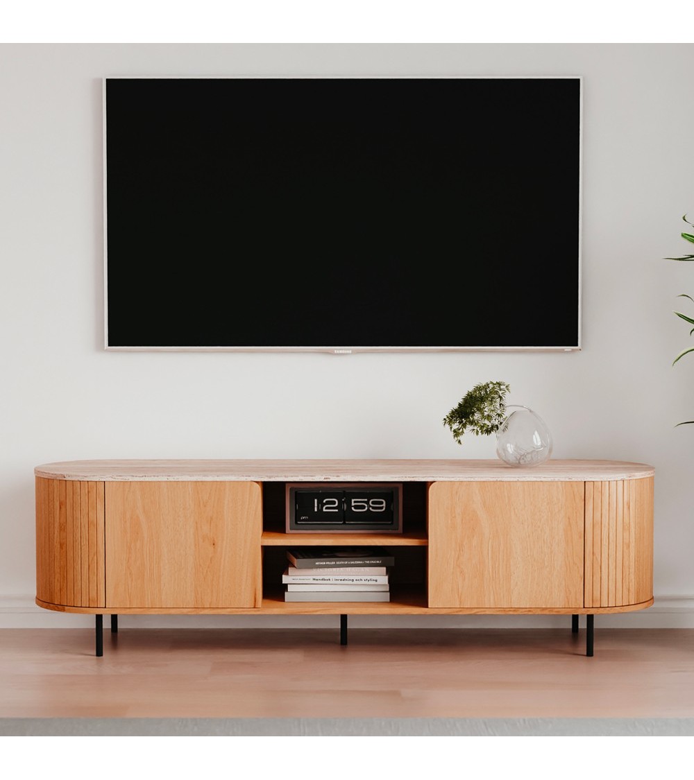 Mobile porta tv Fabia 56B con 2 ante e nicchie a giorno colore rovere e top effetto travertino