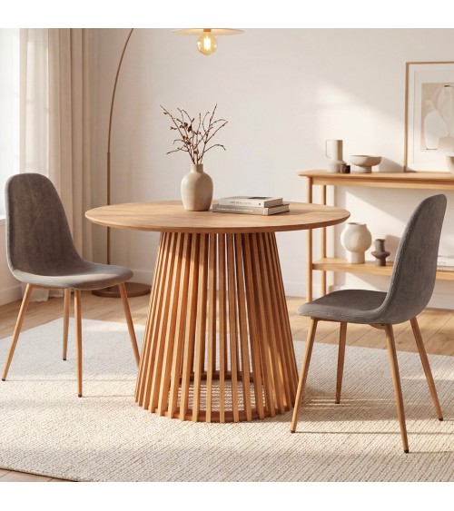 Tavolo rotondo Garle 81A con base cannettata in legno naturale