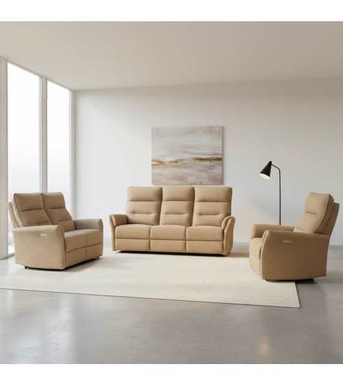 Set divani Softwave 2 e 3 posti e poltrona con recliner elettrici in tessuto G270 Camel