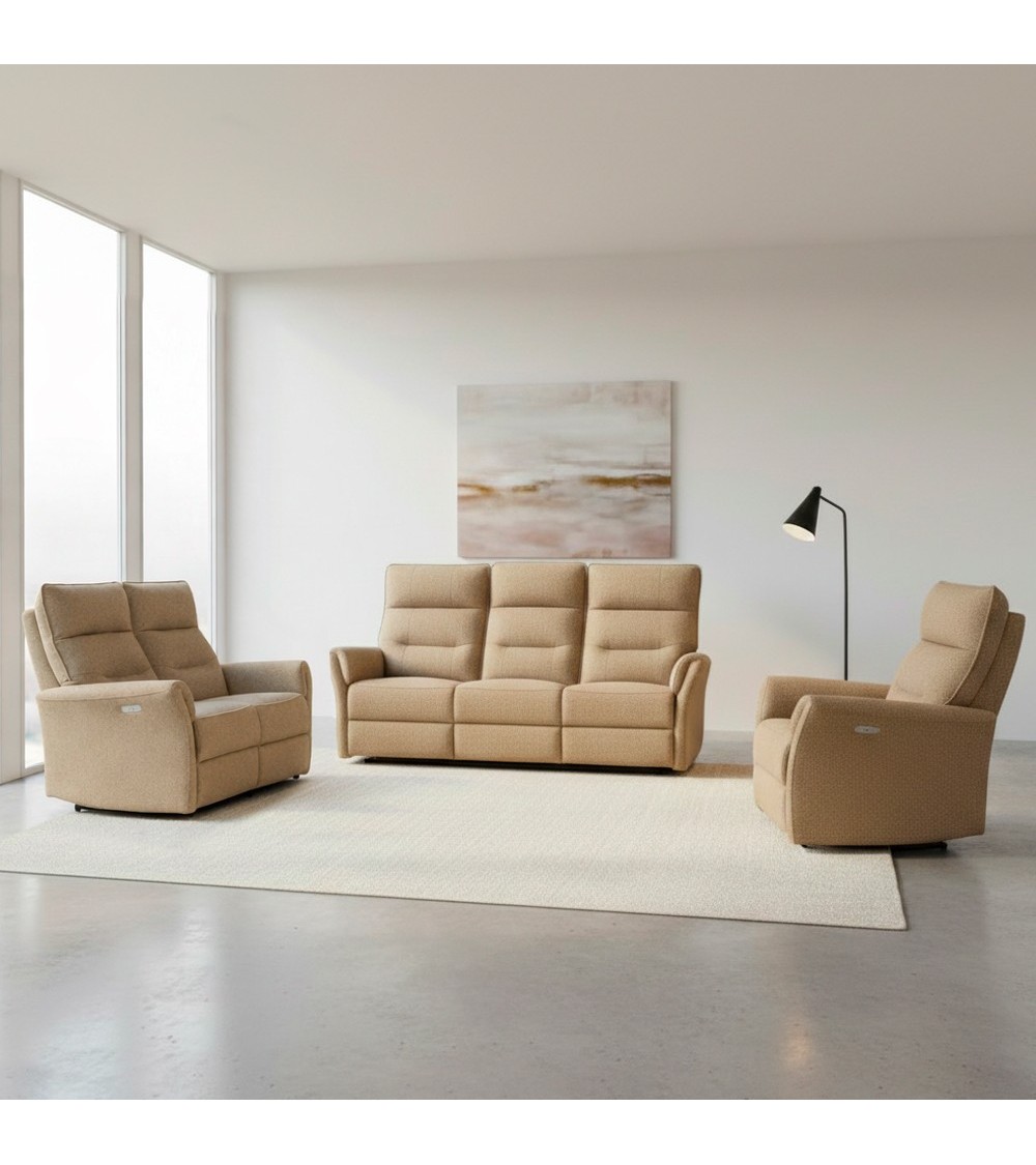 Set divani Softwave 2 e 3 posti e poltrona con recliner elettrici in tessuto G270 Camel