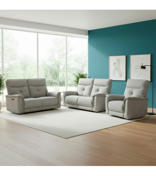 Set divani Elysio 2 e 3 posti e poltrona con recliner elettrici in tessuto G268 grigio