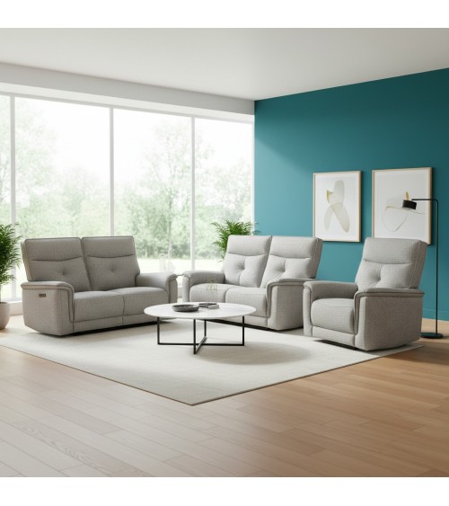 Set divani Elysio 2 e 3 posti e poltrona con recliner elettrici in tessuto G268 grigio