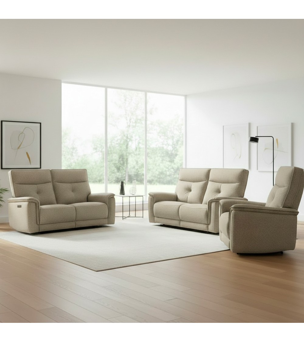 Set divani Elysio 2 e 3 posti e poltrona con recliner elettrici in tessuto G093 sabbia