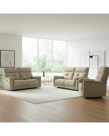 Set divani Elysio 2 e 3 posti e poltrona con recliner elettrici in tessuto G093 sabbia