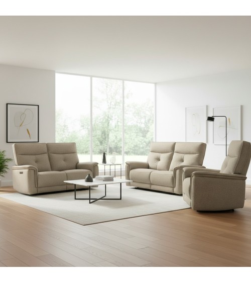 Set divani Elysio 2 e 3 posti e poltrona con recliner elettrici in tessuto G093 sabbia