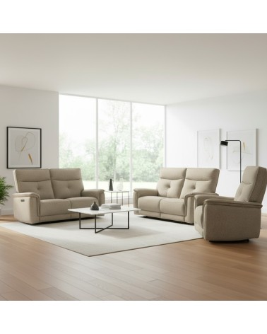 Set divani Elysio 2 e 3 posti e poltrona con recliner elettrici in tessuto G093 sabbia