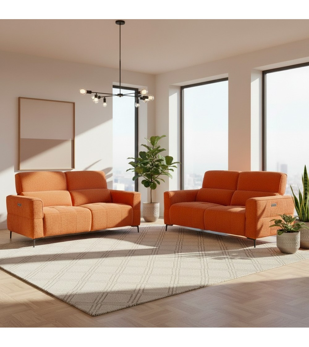 Set divani recliner Luxora 2 e 3 posti elettrici in tessuto E006 aragosta