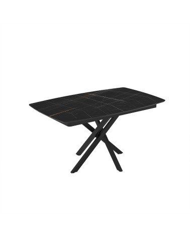Tavolo allungabile Filis con piano effetto marmo nero con dettagli oro matt e gambe in metallo nero