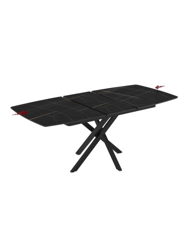 Tavolo allungabile Filis con piano effetto marmo nero con dettagli oro matt e gambe in metallo nero