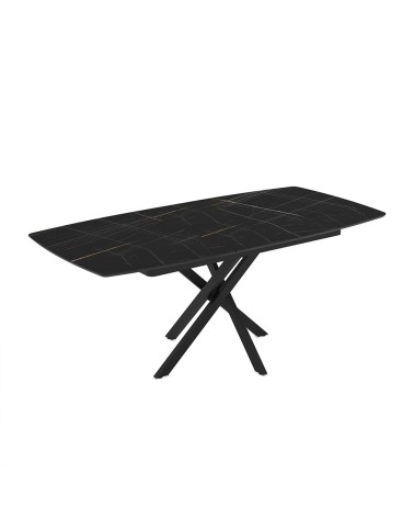 Tavolo allungabile Filis con piano effetto marmo nero con dettagli oro matt e gambe in metallo nero
