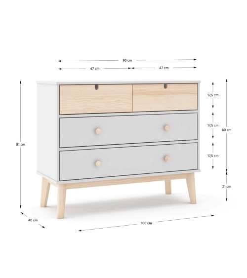 Cassettiera Estefania in legno con 2 cassetti bianchi e 2 cassettini pino