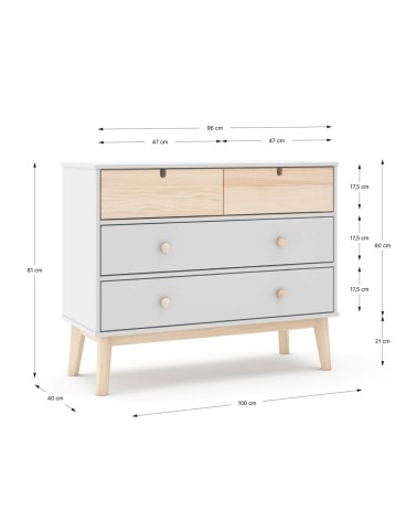 Cassettiera Estefania in legno con 2 cassetti bianchi e 2 cassettini pino