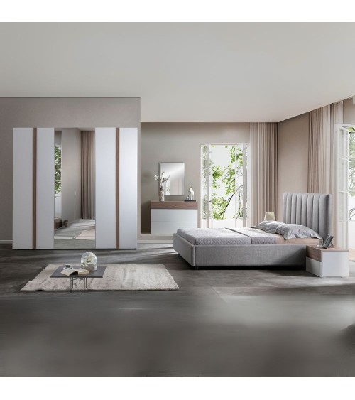 Camera da letto Amor con armadio 6 ante con specchio e letto imbottito con contenitore colore bianco e dettagli grigio