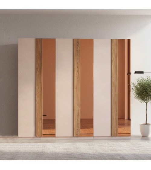 Armadio Bristol 6 ante battenti in finitura cashmere e noce caramello con specchi bronzati