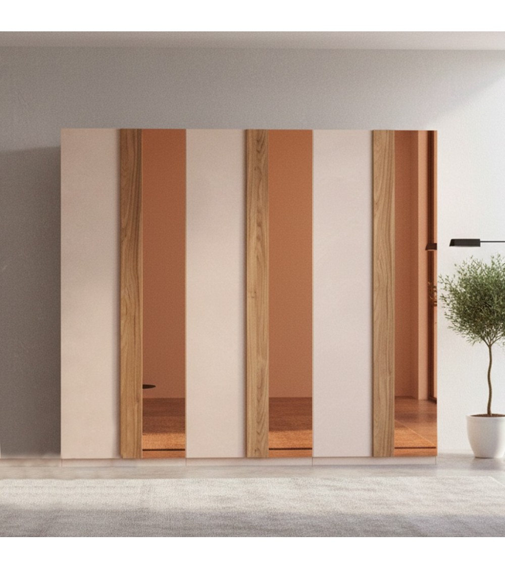 Armadio Bristol 6 ante battenti in finitura cashmere e noce caramello con specchi bronzati