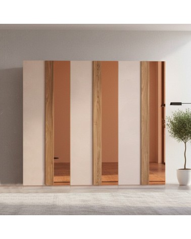 Armadio Bristol 6 ante battenti in finitura cashmere e noce caramello con specchi bronzati