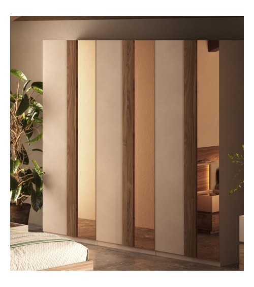 Armadio Bristol 6 ante battenti in finitura cashmere e noce caramello con specchi bronzati