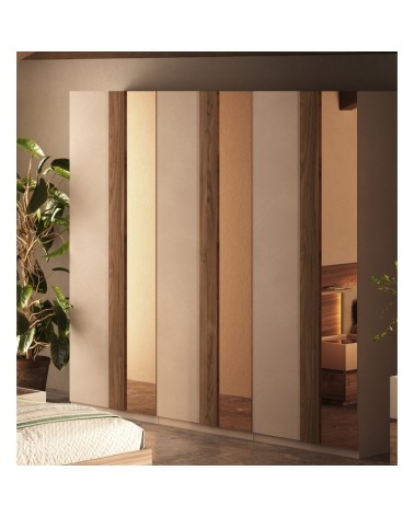 Armadio Bristol 6 ante battenti in finitura cashmere e noce caramello con specchi bronzati