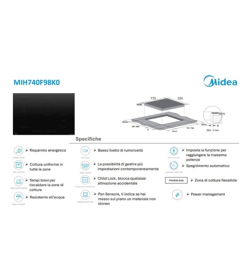 Piano cottura Midea ad induzione MIH740F98K0 77 cm 1 zona bridge colore nero