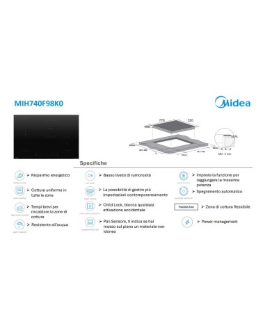 Piano cottura Midea ad induzione MIH740F98K0 77 cm 1 zona bridge colore nero