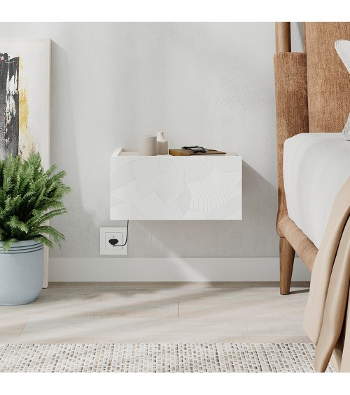 Comodino sospeso Onda colore bianco e cashmere con luci integrate