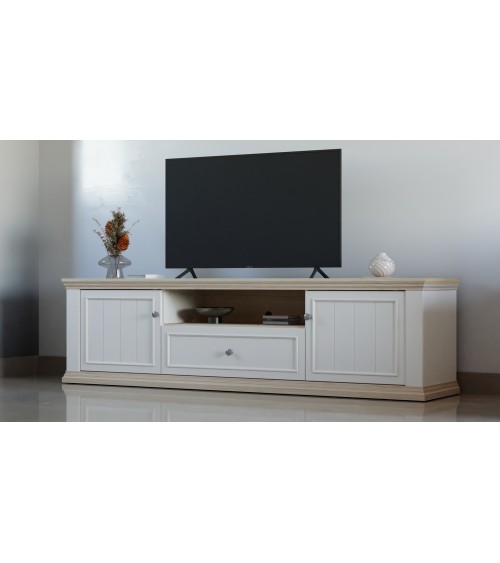 PNTT131-Q214 PORTA TV ESSENZA COLORE BIANCO CON DETTAGLI ROVERE 2 ANTE 1 CASSETTO E NICCHIA A GIORNO L200