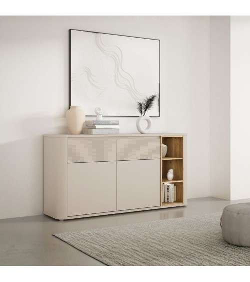 Madia Origin con 2 cassetti e 2 ante colore cashmere e nicchie a giorno con dettaglio rovere