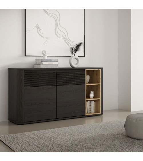 Madia Origin con 2 cassetti e 2 ante colore nero e nicchie a giorno con dettaglio rovere