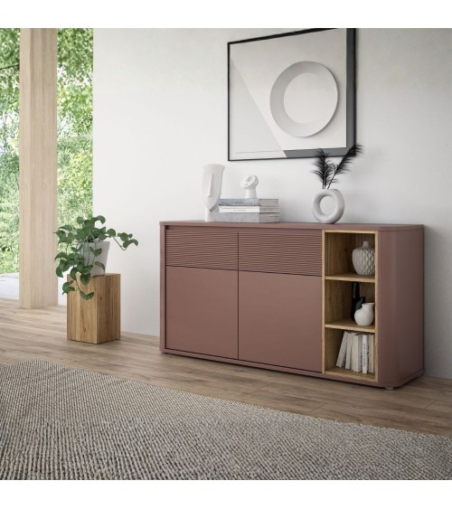 Madia Origin con 2 cassetti e 2 ante colore terracotta e nicchie a giorno con dettaglio rovere