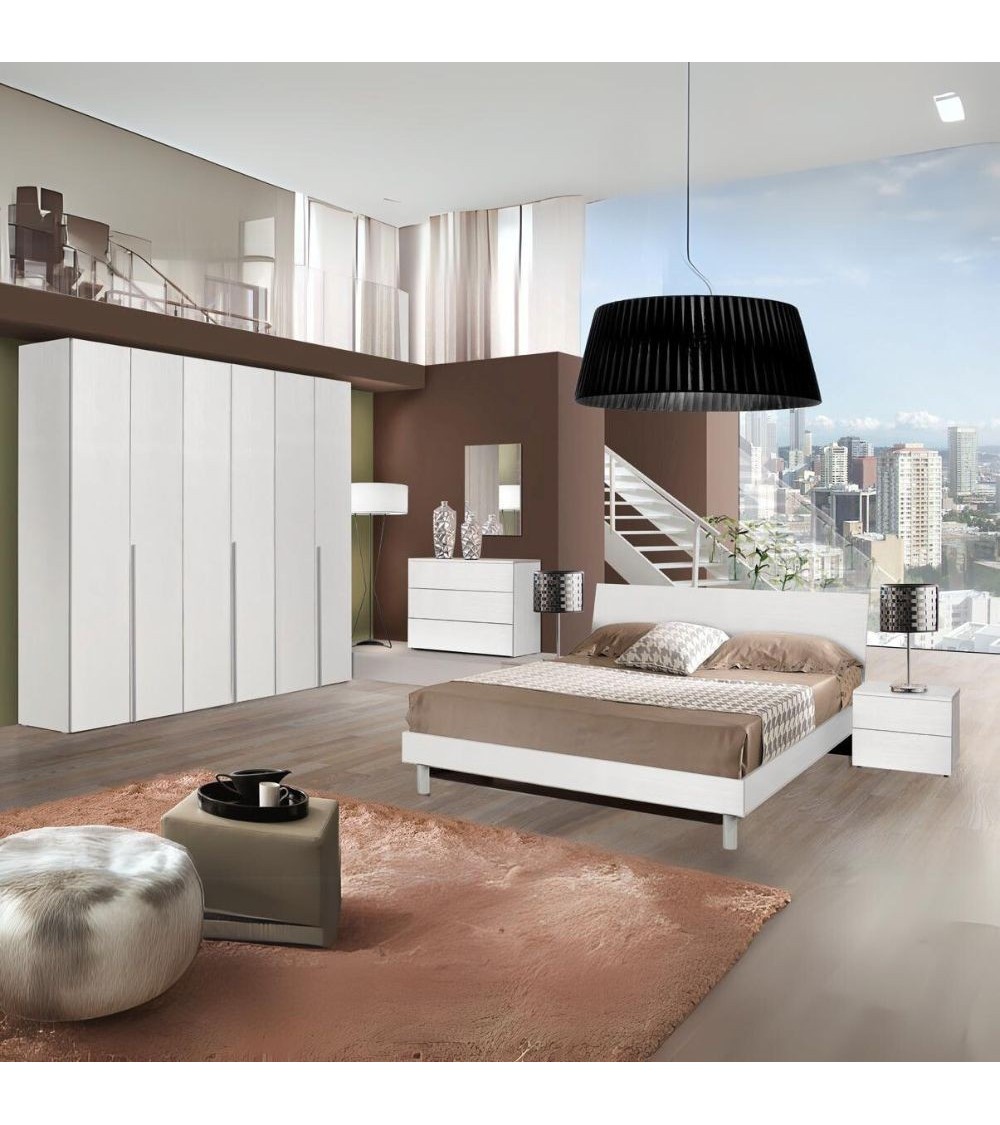 Camera Urano con armadio 6 ante battenti e letto in legno colore bianco larice
