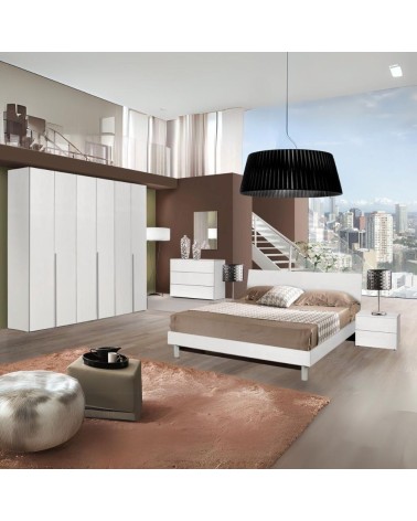 Camera Urano con armadio 6 ante battenti e letto in legno colore bianco larice