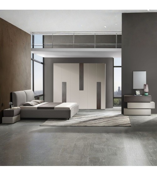 Camera da letto Kendra con letto contenitore imbottito e armadio 6 ante battenti colore tortora noce