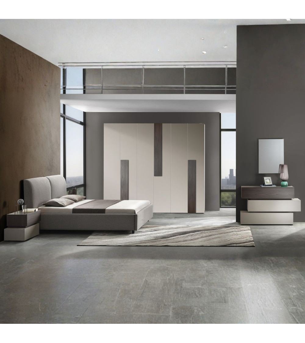 Camera da letto Kendra con letto contenitore imbottito e armadio 6 ante battenti colore tortora noce