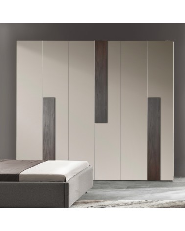 Camera da letto Kendra con letto contenitore imbottito e armadio 6 ante battenti colore tortora noce