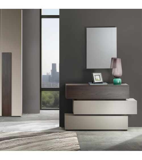 Camera da letto Kendra con letto contenitore imbottito e armadio 6 ante battenti colore tortora noce