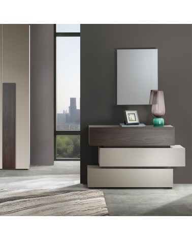 Camera da letto Kendra con letto contenitore imbottito e armadio 6 ante battenti colore tortora noce