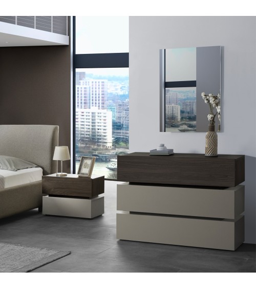 Camera da letto Kendra con letto contenitore imbottito e armadio 6 ante battenti colore tortora noce