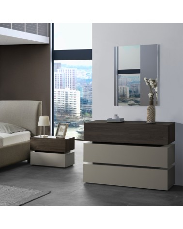 Camera da letto Kendra con letto contenitore imbottito e armadio 6 ante battenti colore tortora noce
