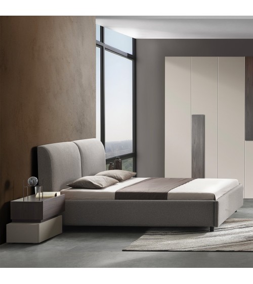 Camera da letto Kendra con letto contenitore imbottito e armadio 6 ante battenti colore tortora noce