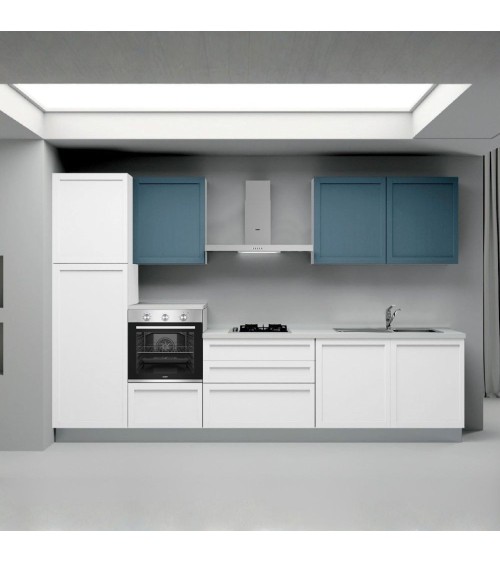 Cucina lineare Venere ml.330 con colonna sinistra e base bianco frassinato e pensili avio
