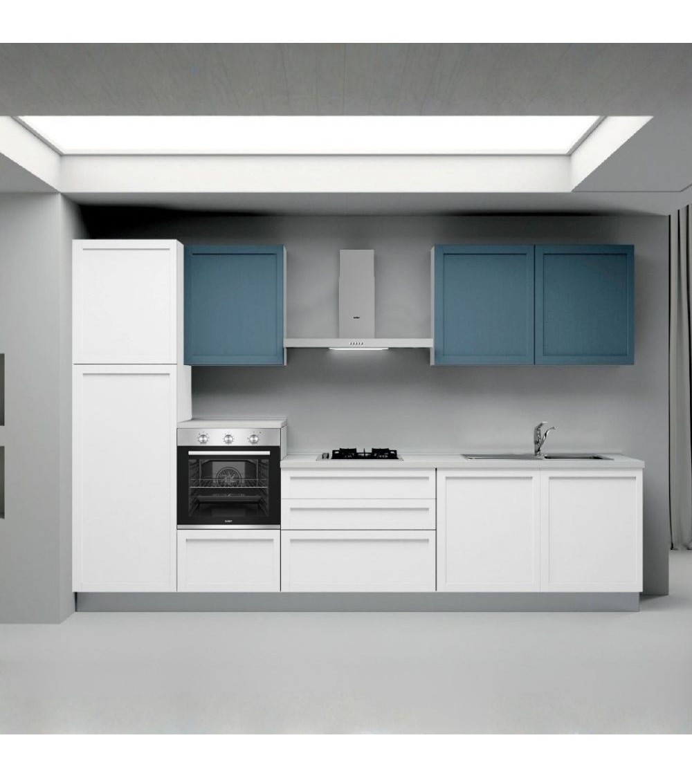 Cucina lineare Venere ml.330 con colonna sinistra e base bianco frassinato e pensili avio