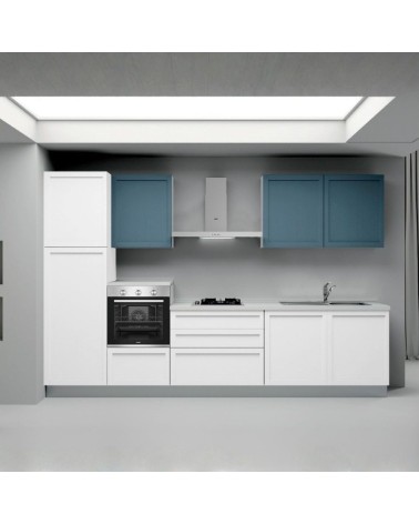Cucina lineare Venere ml.330 con colonna sinistra e base bianco frassinato e pensili avio