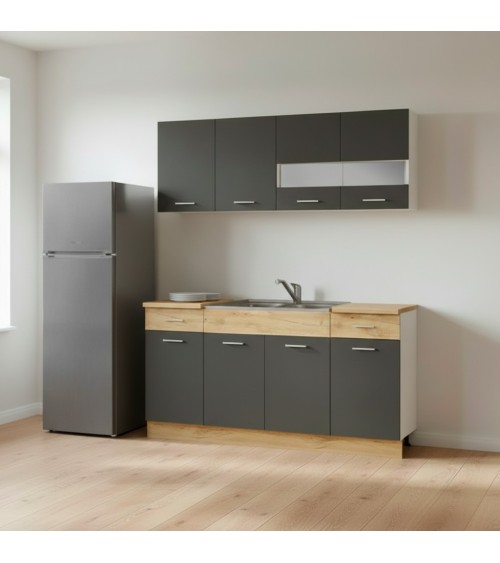 Cucina monoblocco 160 cm Erika in colore grigio matera e rovere con fianchi bianchi