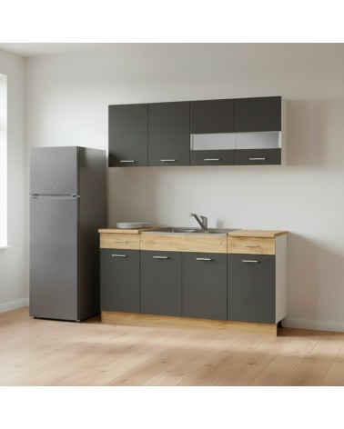 Cucina monoblocco 160 cm Erika in colore grigio matera e rovere con fianchi bianchi
