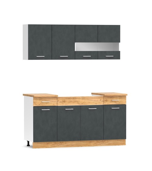 Cucina monoblocco 160 cm Erika in colore grigio matera e rovere con fianchi bianchi