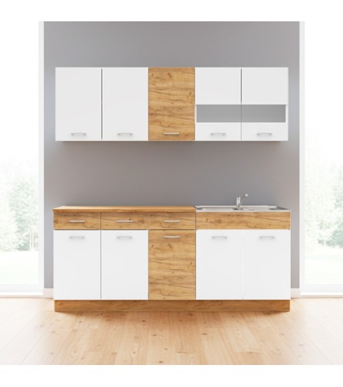 Cucina monoblocco 200 cm Erika in colore bianco e rovere